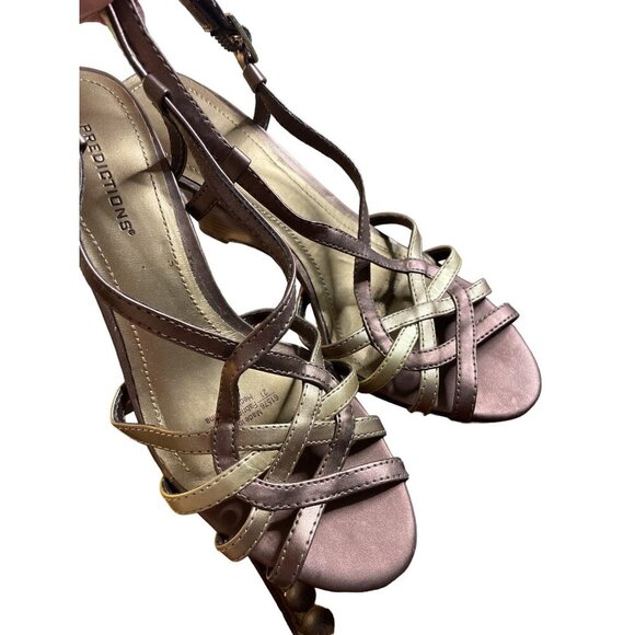 Predictions Brown Gold Wedge Heel Open Toe Sandal Sz 5 - Picture 2 of 7